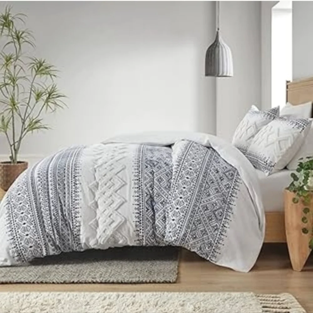 Ink+Ivy Ciara White & Blue King Patterned Duvet Set - Elegant Home Bedding